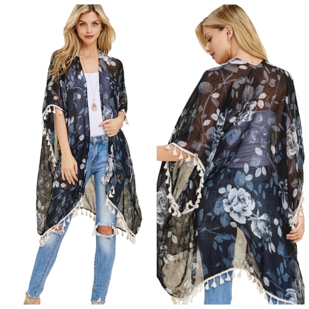 NEW Black Tassel Trim Cardigan cover up kimono